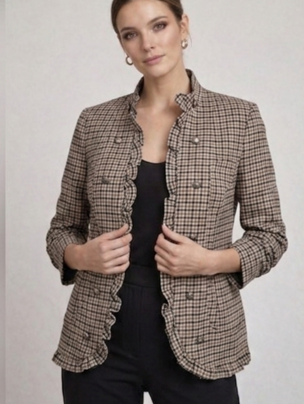 Cleo Plaid Ruffles Trim Military Blazer Jacket Brown Black White XS Preppy Fall